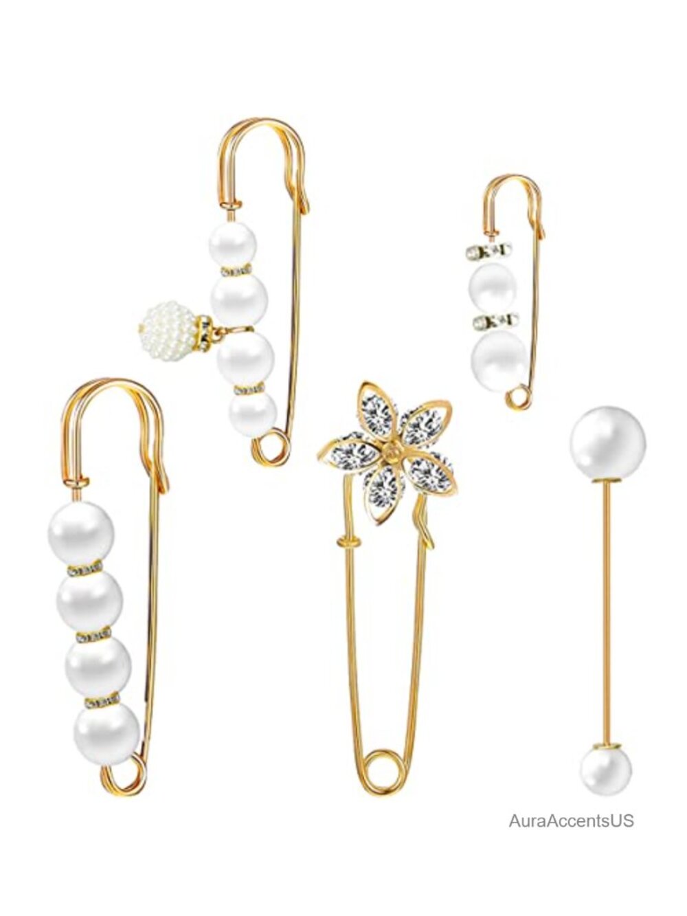 Set of 5 Pearl Brooch Safety Pins for Shawl Scarf Cardigan Clips Faux Crystal